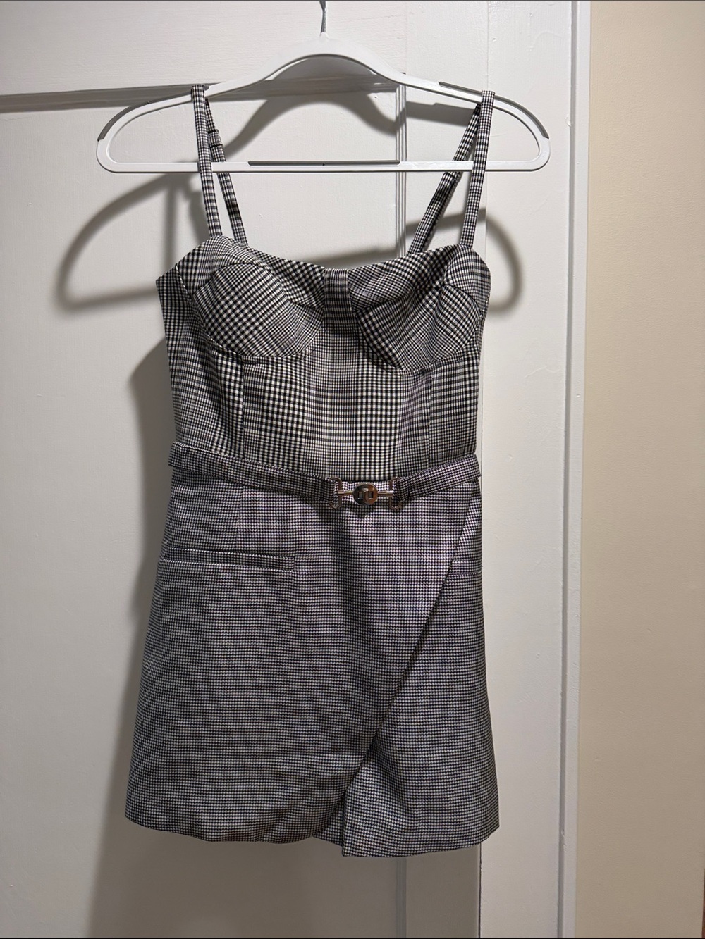 Anthropologie Black & White Plaid Mini Dress with Buckle Belt